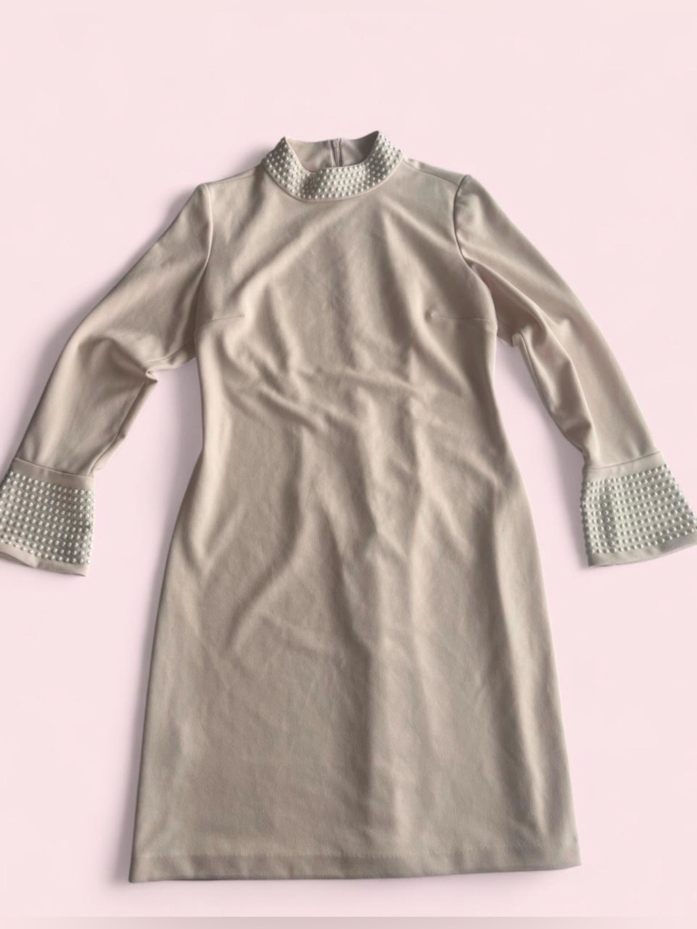 Karl Lagerfeld Pearl-Trimmed Light Pink Long-Sleeve Shift Dress